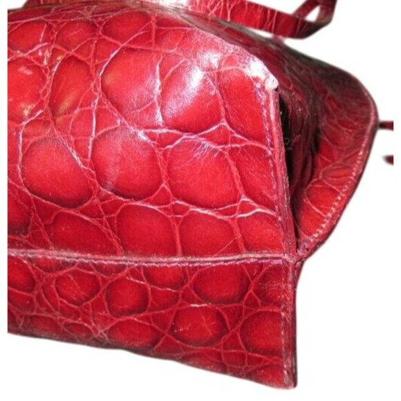 FURLA Vintage Croc Embossed Maroon Red Italian Leather Tote Handbag - Picture 5 of 12